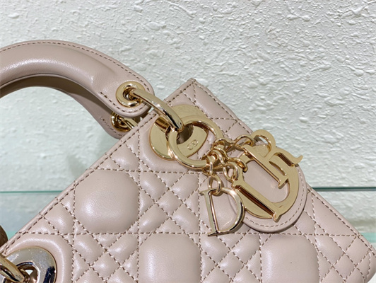 CD Mini Lady Di.or Bag Cannage Lambskin Gold Tone Metal Natural