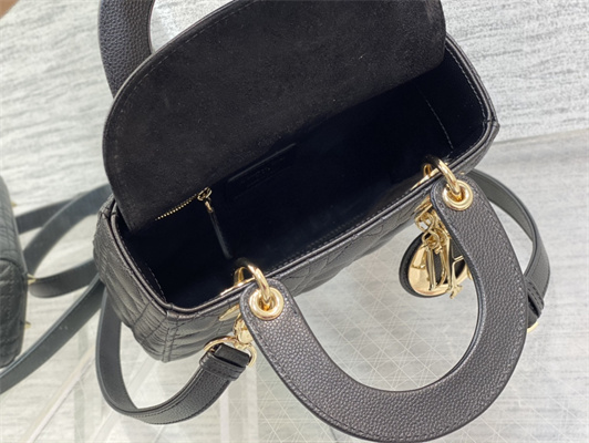 CD Small Lady Di.or Bag Cannage Grained Calfskin Gold Tone Metal Black