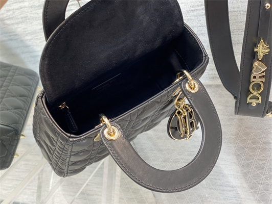 CD Small Lady Di.or My ABCDior Bag Cannage Lambskin Enamel Charms Gold Tone Metal Black