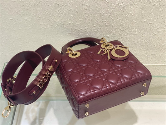 CD Small Lady Di.or My ABCDior Bag Cannage Lambskin Gold Tone Metal Burgundy