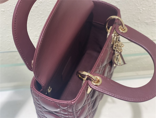 CD Small Lady Di.or My ABCDior Bag Cannage Lambskin Gold Tone Metal Burgundy