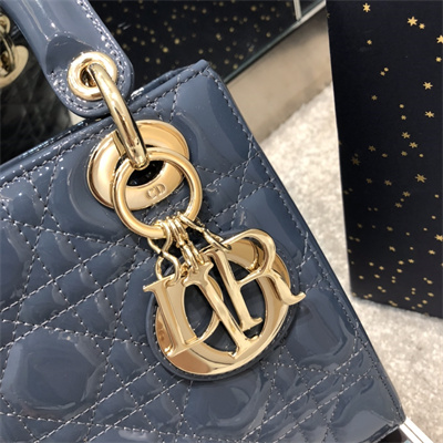CD Small Lady Di.or My ABCDior Bag Patent Cannage Calfskin Gold Tone Metal Dk Blue