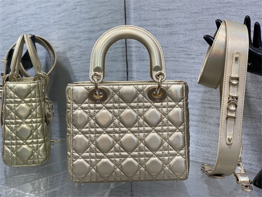 CD Small Lady Di.or My ABCDior Bag Cannage Lambskin Gold Tone Metal Champagne Gold