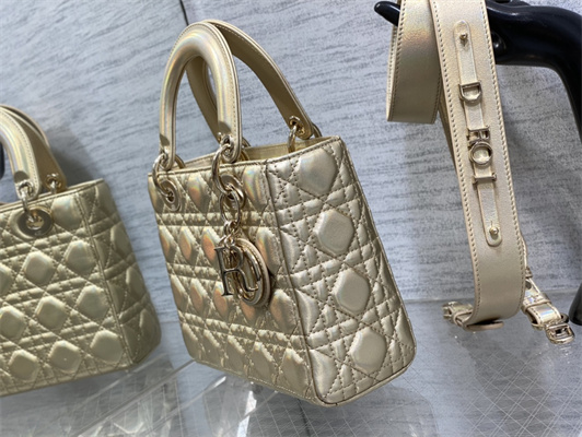 CD Small Lady Di.or My ABCDior Bag Cannage Lambskin Gold Tone Metal Champagne Gold