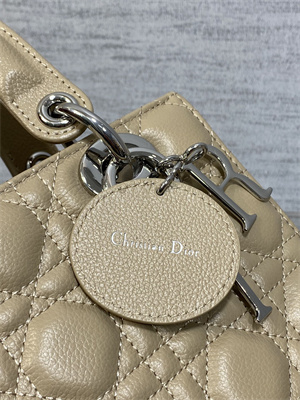 CD Small Lady Di.or Bag Cannage Grained Calfskin Silver Tone Metal Beige