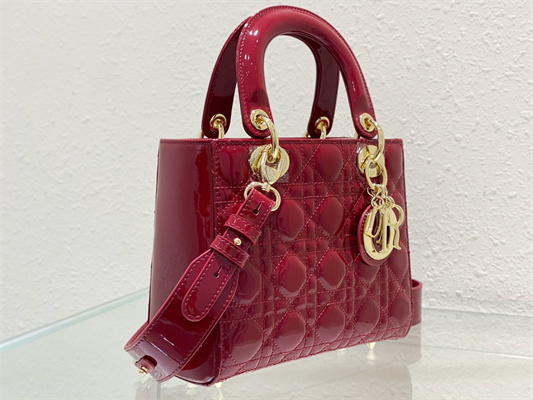 CD Small Lady Di.or My ABCDior Bag Patent Cannage Calfskin Gold Tone Metal Cherry Red