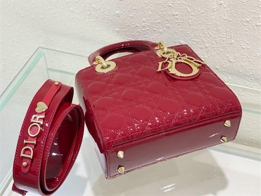 CD Small Lady Di.or My ABCDior Bag Patent Cannage Calfskin Gold Tone Metal Cherry Red