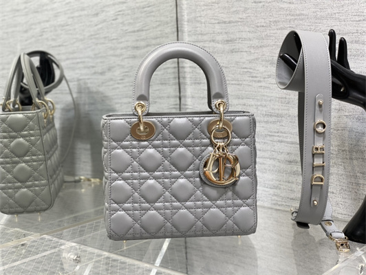 CD Small Lady Di.or My ABCDior Bag Cannage Lambskin Gold Tone Metal Pearlescent Grey