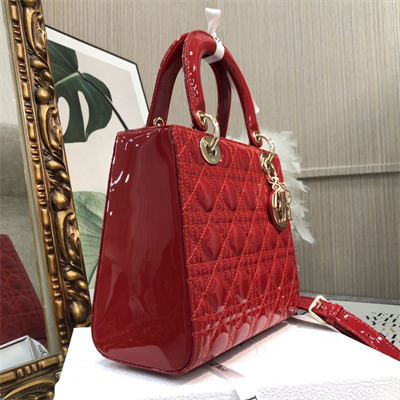 CD Medium Lady Di.or Bag Patent Cannage Calfskin Gold Tone Metal Red