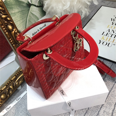 CD Medium Lady Di.or Bag Patent Cannage Calfskin Gold Tone Metal Red