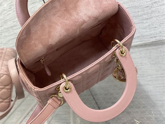CD Medium Lady Di.or Bag Cannage Lambskin Gold Tone Metal Antique Pink