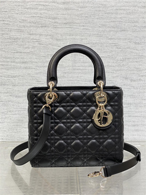 CD Medium Lady Di.or Bag Cannage Grained Calfskin Gold Tone Metal Black