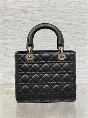 CD Medium Lady Di.or Bag Cannage Grained Calfskin Gold Tone Metal Black