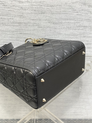 CD Medium Lady Di.or Bag Cannage Grained Calfskin Gold Tone Metal Black