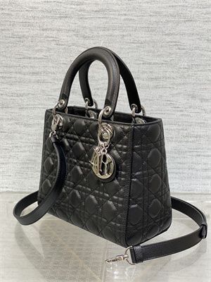CD Medium Lady Di.or Bag Cannage Grained Calfskin Silver Tone Metal Black