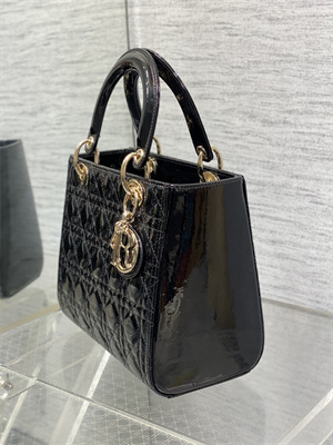 CD Medium Lady Di.or Bag Patent Cannage Calfskin Gold Tone Metal Black
