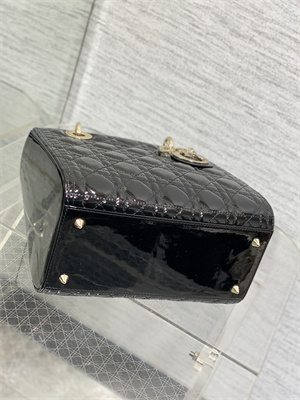 CD Medium Lady Di.or Bag Patent Cannage Calfskin Gold Tone Metal Black
