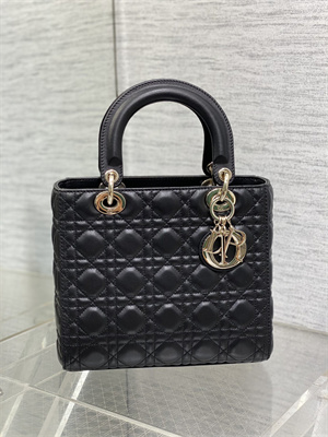 CD Medium Lady Di.or Bag Cannage Lambskin Gold Tone Metal Black
