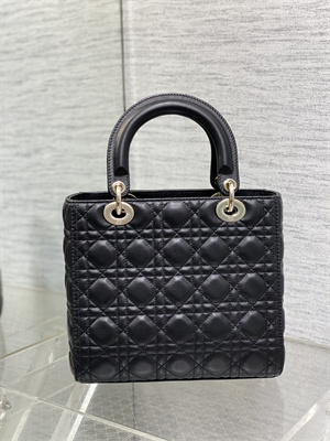 CD Medium Lady Di.or Bag Cannage Lambskin Gold Tone Metal Black