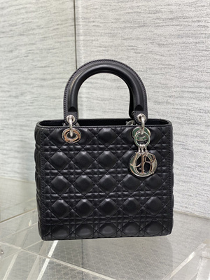 CD Medium Lady Di.or Bag Cannage Lambskin Silver Tone Metal Black
