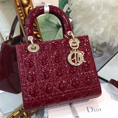 CD Medium Lady Di.or Bag Patent Cannage Calfskin Gold Tone Metal Burgundy