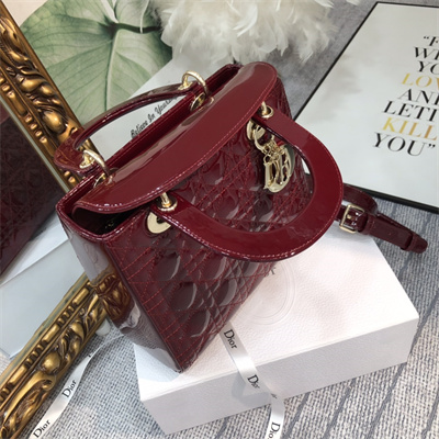 CD Medium Lady Di.or Bag Patent Cannage Calfskin Gold Tone Metal Dk Green