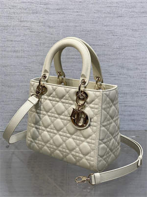 CD Medium Lady Di.or Bag Cannage Grained Calfskin Gold Tone Metal Cream