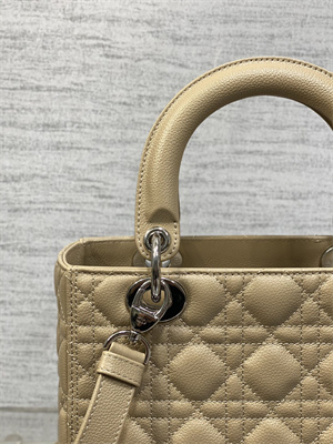 CD Medium Lady Di.or Bag Cannage Grained Calfskin Silver Tone Metal Beige