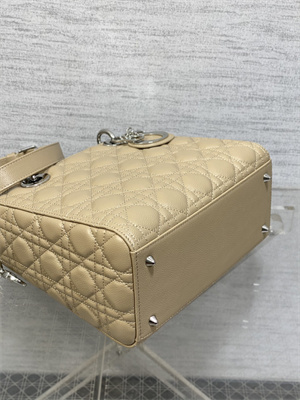 CD Medium Lady Di.or Bag Cannage Grained Calfskin Silver Tone Metal Beige