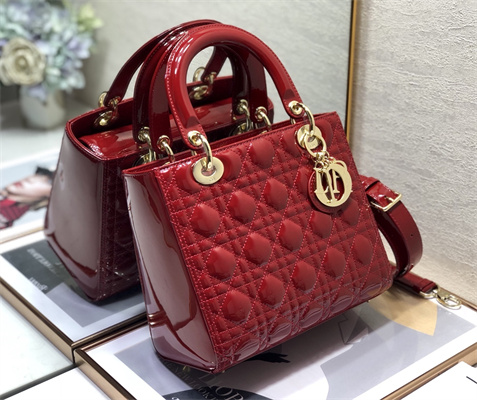 CD Medium Lady Di.or Bag Patent Cannage Calfskin Gold Tone Metal Cherry Red