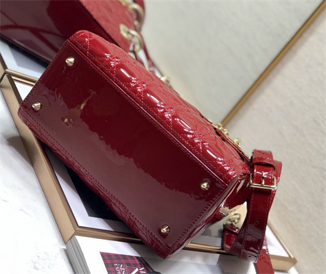 CD Medium Lady Di.or Bag Patent Cannage Calfskin Gold Tone Metal Cherry Red