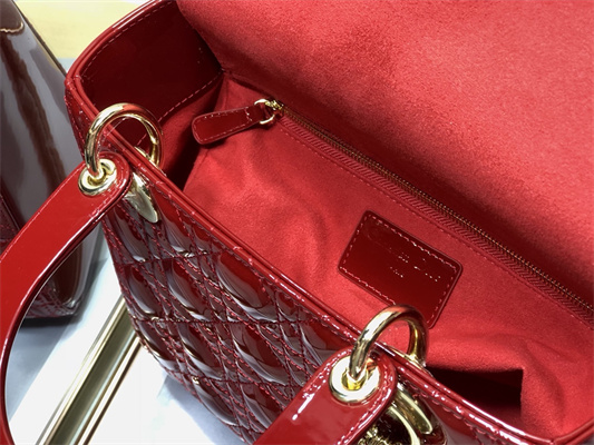 CD Medium Lady Di.or Bag Patent Cannage Calfskin Gold Tone Metal Cherry Red