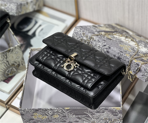 CD Miss Dior Chain Pouch Cannage Lambskin Black