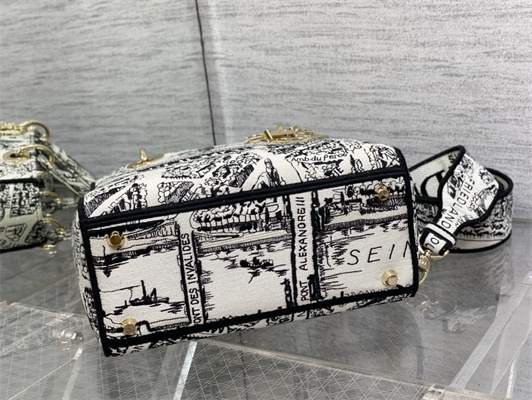 CD Medium Lady Di.or D-Lite Bag Plan de Paris Embroidery White and Black
