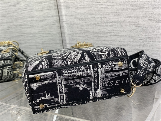 CD Medium Lady Di.or D-Lite Bag Plan de Paris Embroidery Black and White