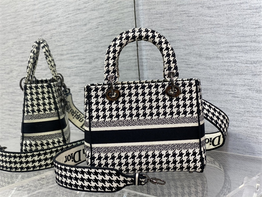 CD Medium Lady Di.or D-Lite Bag Black And Whtie Houndstooth Embroidery