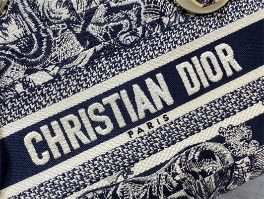 CD Medium Lady Di.or D-Lite Bag Toile de Jouy Embroidery Stripes White and Blue