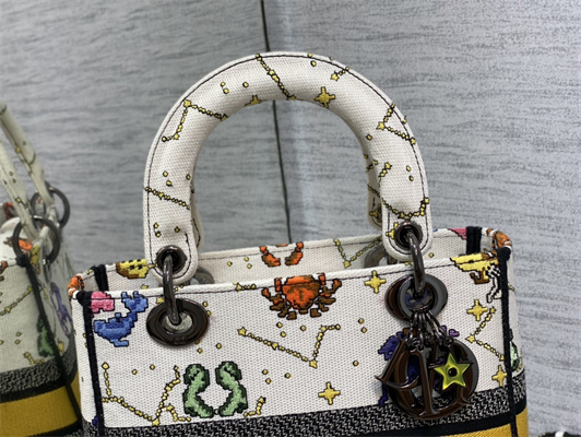 CD Medium Lady Di.or D-Lite Bag Toile de Jouy Zodiac Embroidery White Multicolor