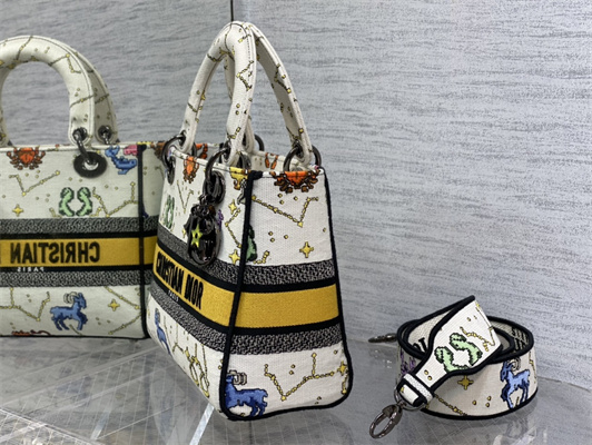 CD Medium Lady Di.or D-Lite Bag Toile de Jouy Zodiac Embroidery White Multicolor