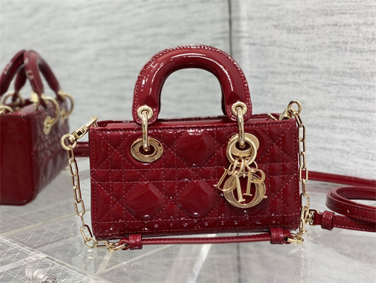 CD Lady D-Joy Micro Bag Patent Cannage Calfskin Gold Tone Metal Cherry Red