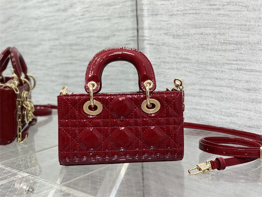 CD Lady D-Joy Micro Bag Patent Cannage Calfskin Gold Tone Metal Cherry Red