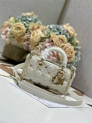 CD Small Lady D-Joy Bag Cannage Lambskin With Golden Butterfly Gold Tone Metal White