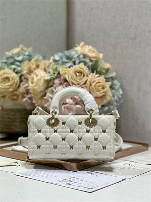 CD Small Lady D-Joy Bag Cannage Lambskin With Golden Butterfly Gold Tone Metal White