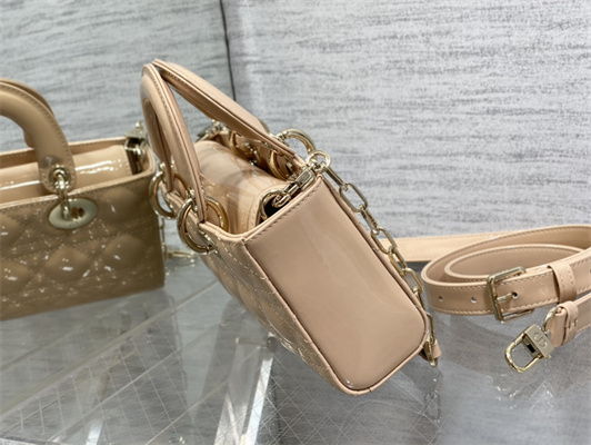 CD Small Lady D-Joy Bag Patent Cannage Calfskin Gold Tone Metal Nude Pink