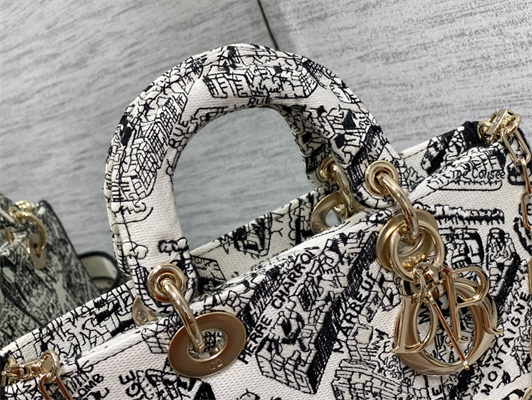 CD Medium Lady D-Joy Bag Plan de Paris Embroidery White and Black