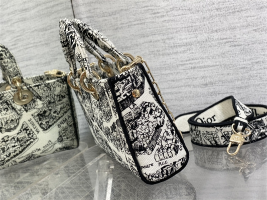 CD Medium Lady D-Joy Bag Plan de Paris Embroidery White and Black