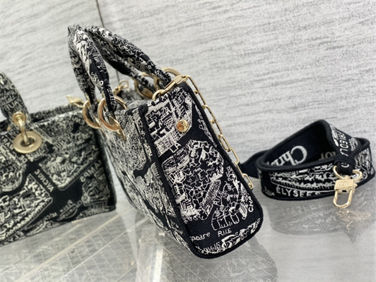 CD Medium Lady D-Joy Bag Plan de Paris Embroidery Black and White