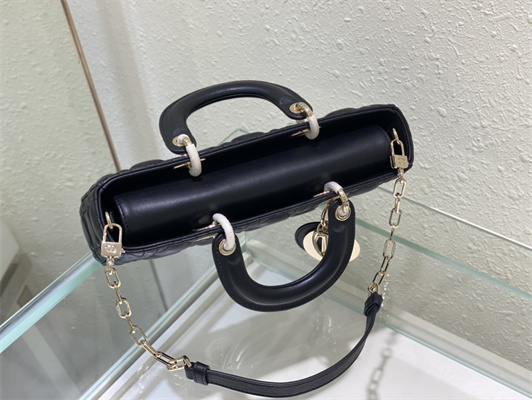 CD Medium Lady D-Joy Bag Cannage Lambskin Gold Tone Metal Black