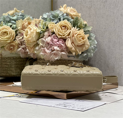 CD Medium Lady D-Joy Bag Cannage Lambskin With Golden Butterfly Gold Tone Metal Beige