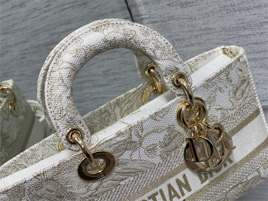 CD Medium Lady D-Joy Bag Jardin d’Hiver Embroidery Gold Tone and White
